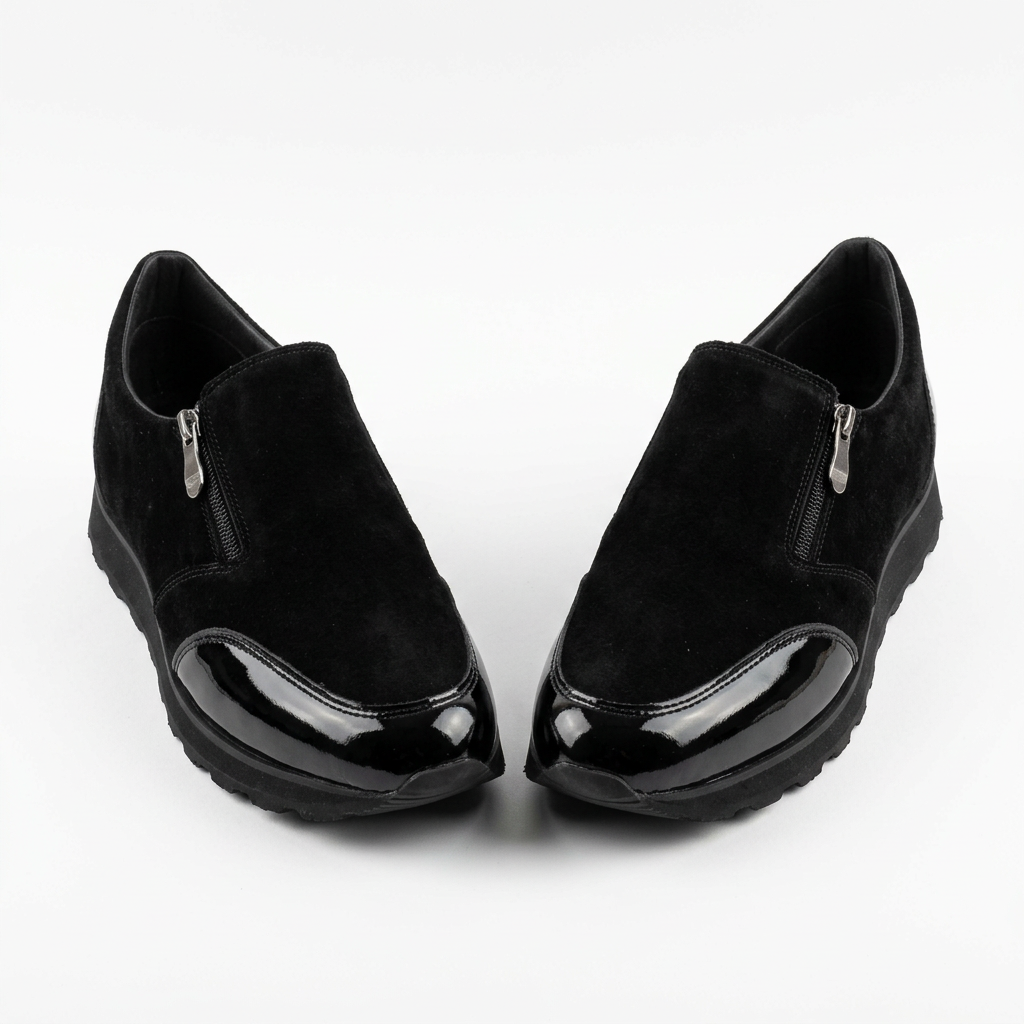 Black zip-detail slip-ons, paired catalog image