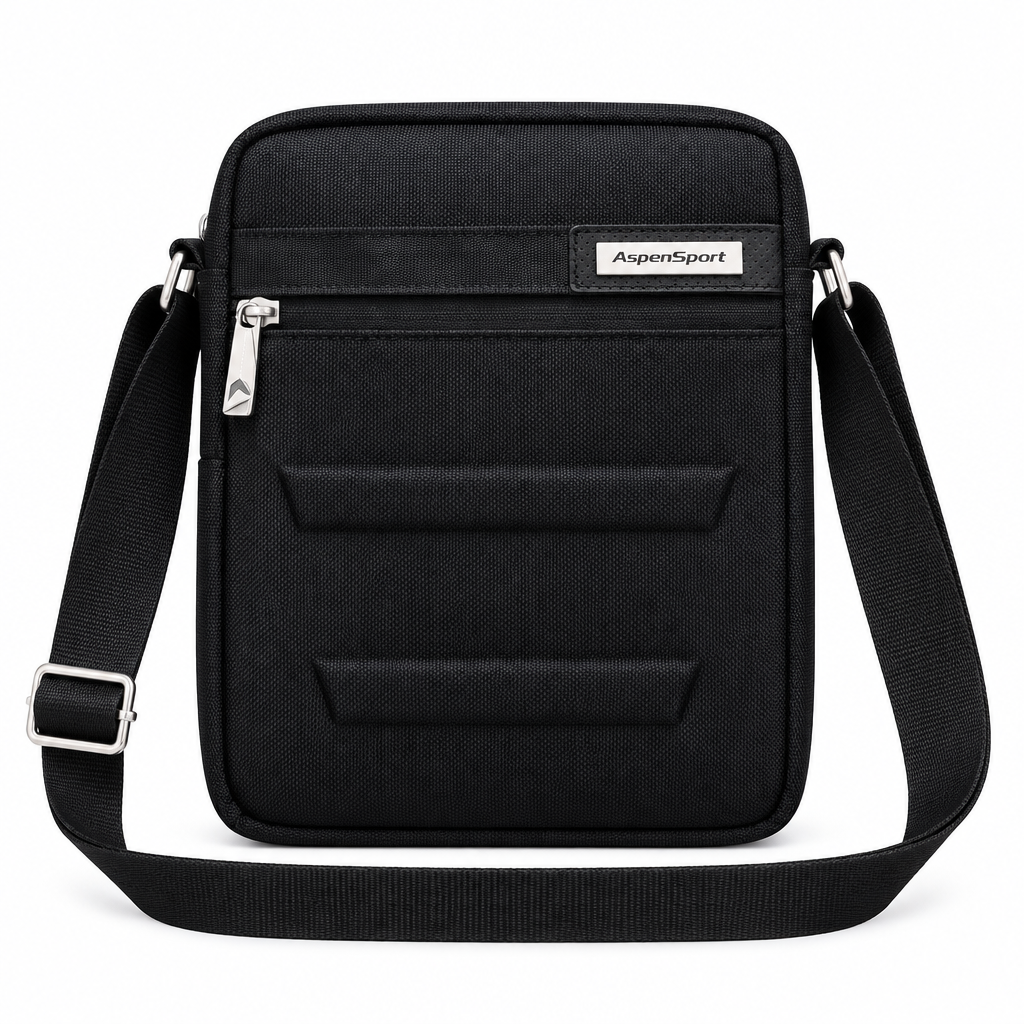 Black zip-front crossbody bag with shoulder strap on white background