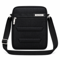 Black zip-front crossbody bag with shoulder strap on white background