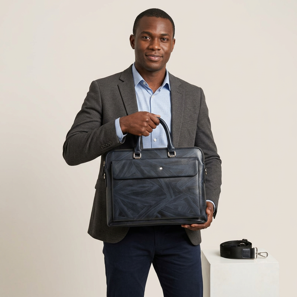 Blue-black geometric laptop bag model preview