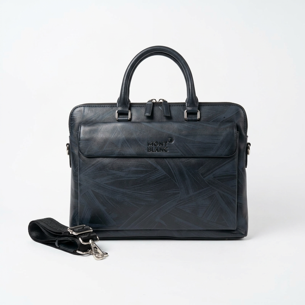 Blue-black geometric laptop bag studio preview