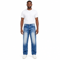 Blue faded-wash jeans on an adult model