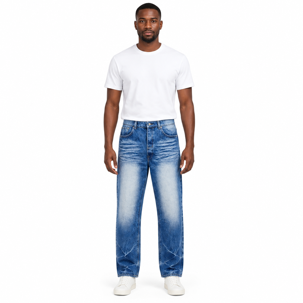 Blue faded-wash jeans on an adult model