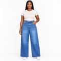 Blue patch-pocket jeans model view