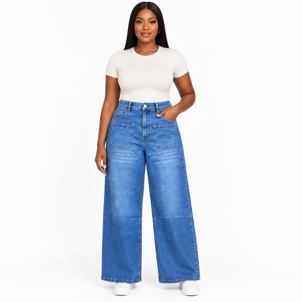 Blue patch-pocket jeans model view