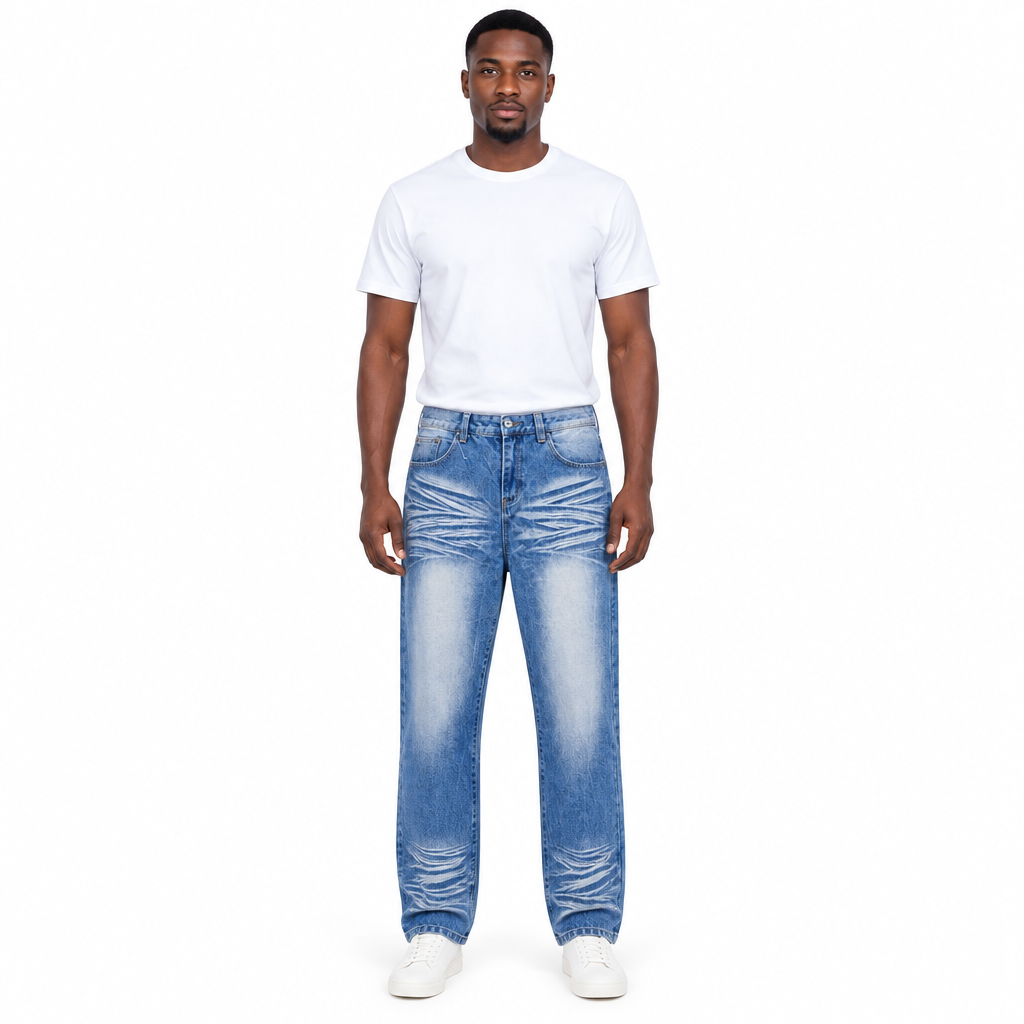 Blue whiskered jeans on an adult model