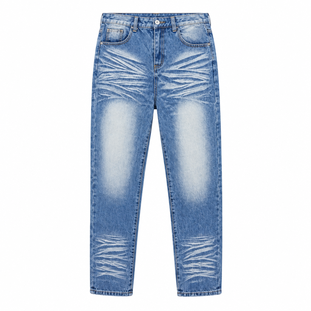 Blue whiskered jeans on an invisible mannequin
