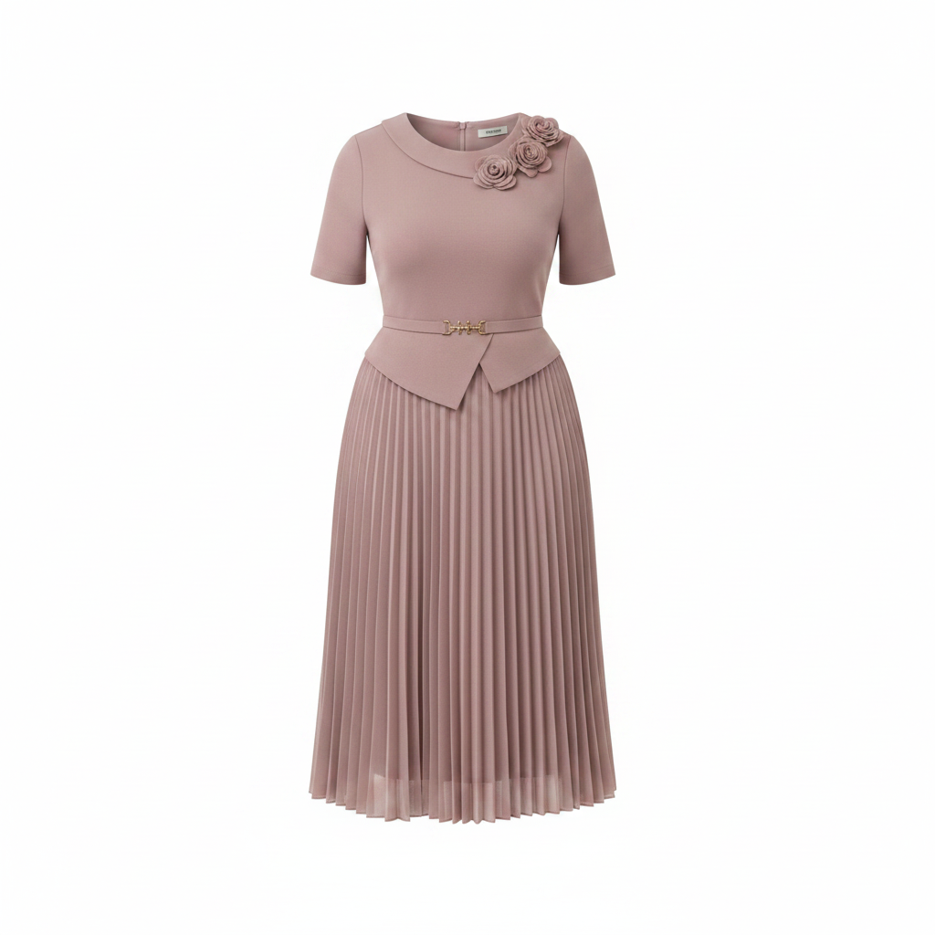 Blush mauve monochrome pleated midi gown with flower corsage and gold belt, ghost mannequin view