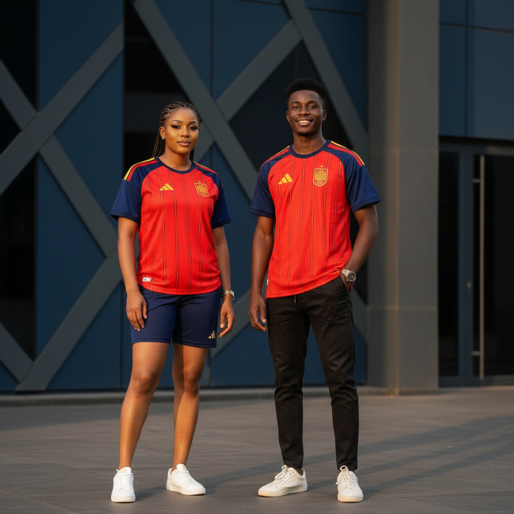 Both Nigerian Models Cinematic — Red Navy Raglan Pinstripe Football Jersey
