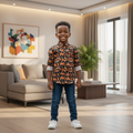 Boys Black Orange Cube Print Shirt - Model