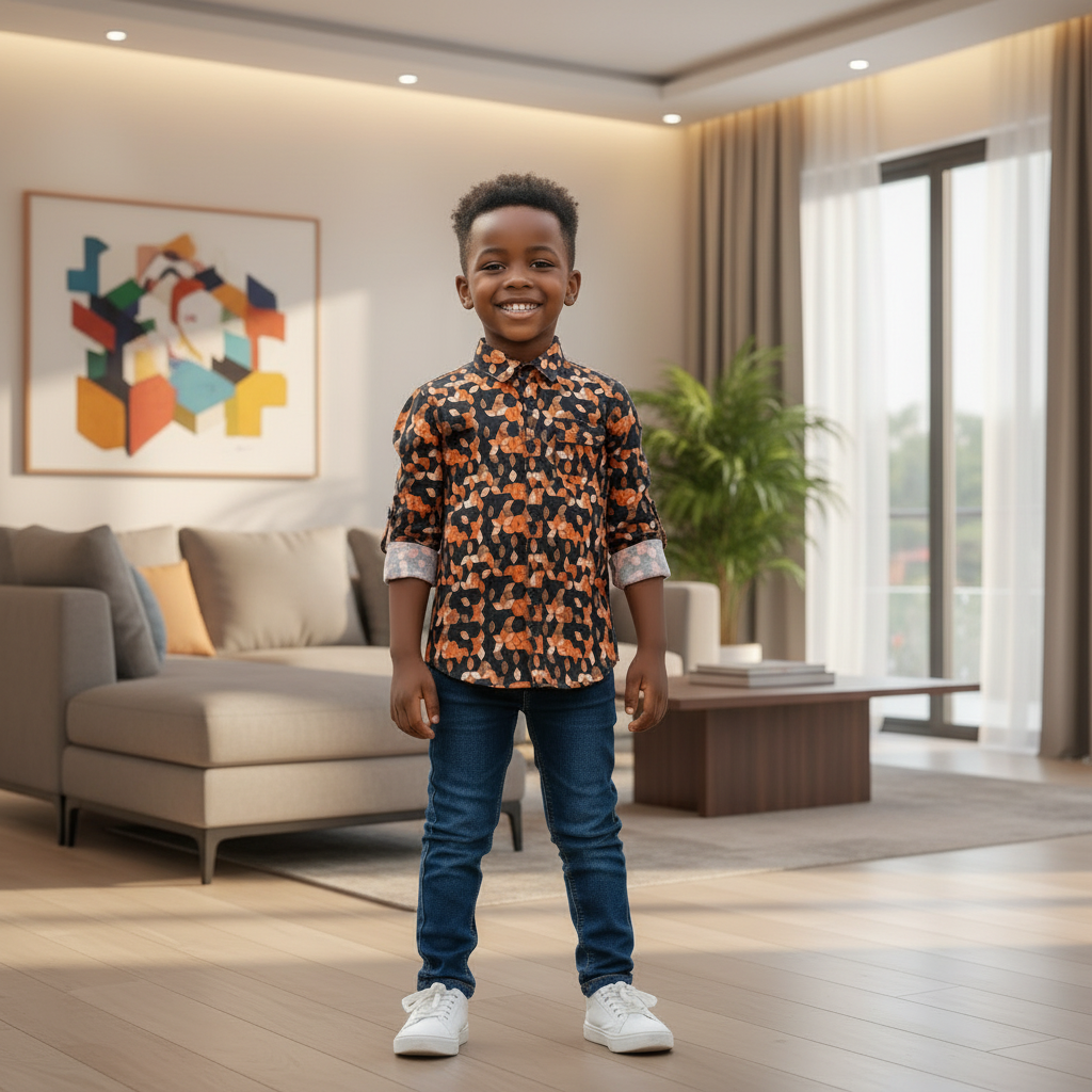 Boys Black Orange Cube Print Shirt - Model