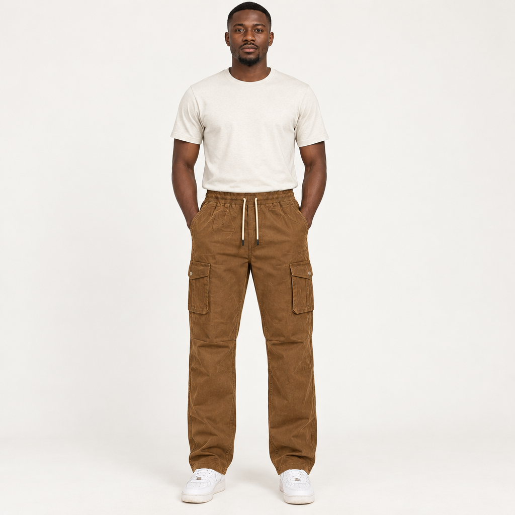 Brown cargo trousers front model preview