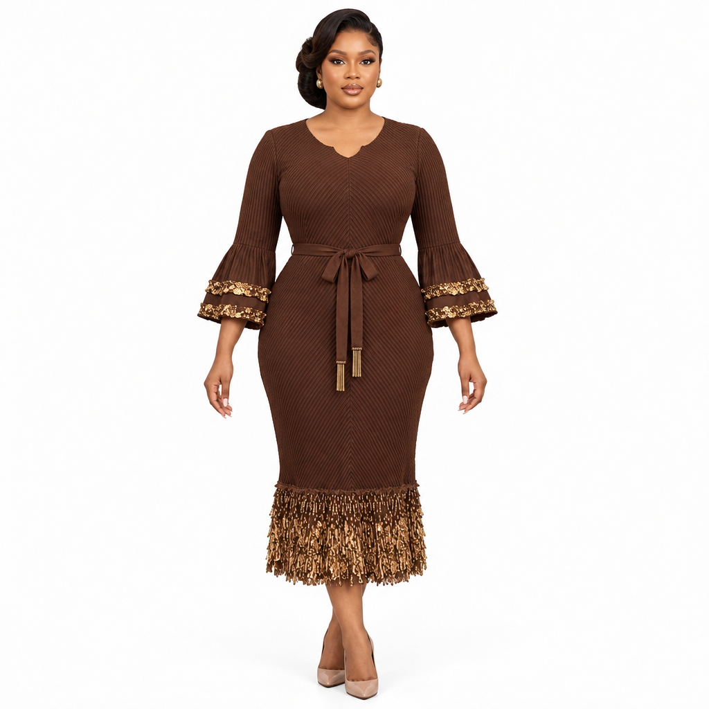 Brown gold-trim belted dress on an adult model