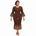 Brown gold-trim belted dress on an adult model