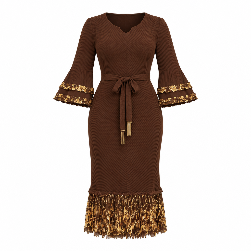Brown gold-trim belted dress on an invisible mannequin