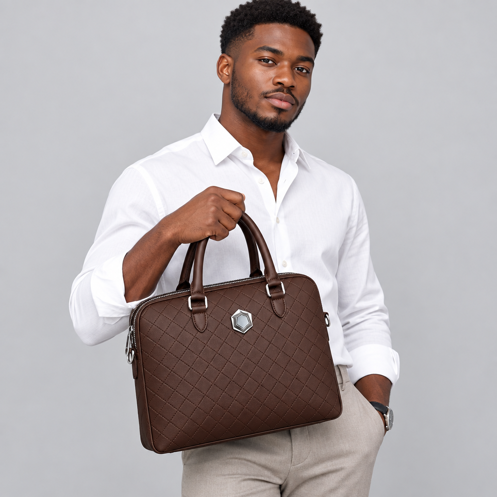 Brown Grid-Stitched Satchel – Male Model Shot