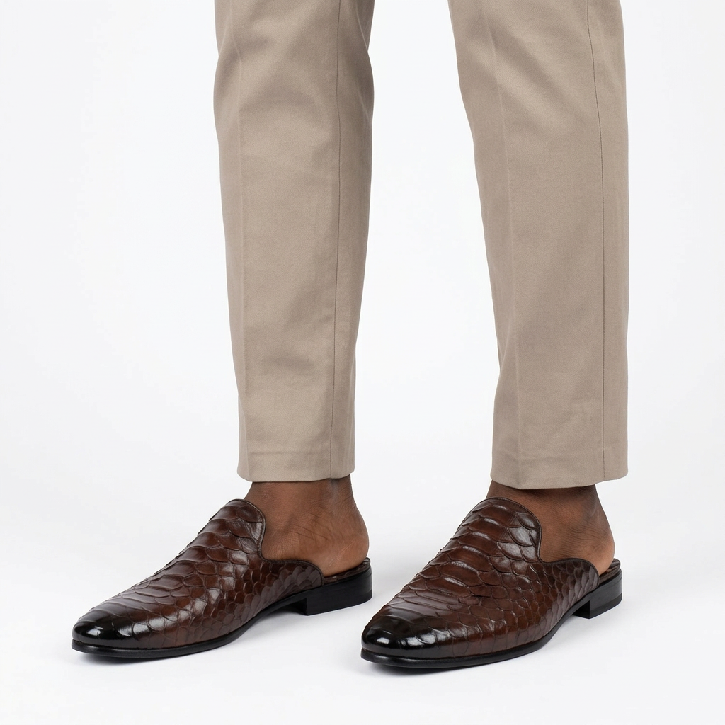 Men’s Dark Brown Scale-Textured Mule Shoes