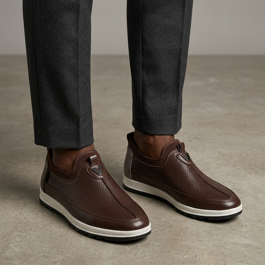 Brown slip-on shoes on both feet