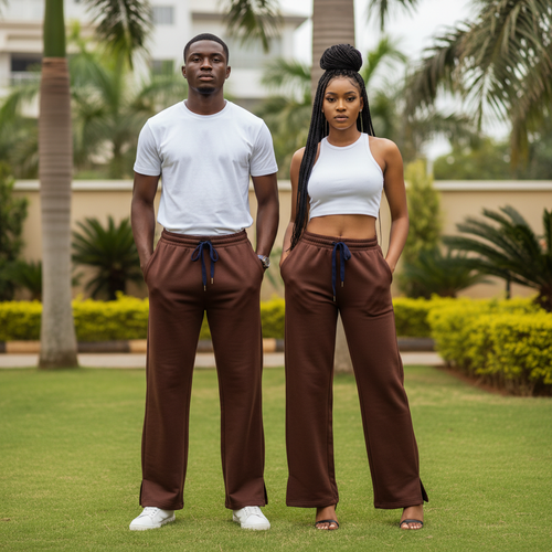Brown Wide-Leg Sweatpants - Male & Female Models
