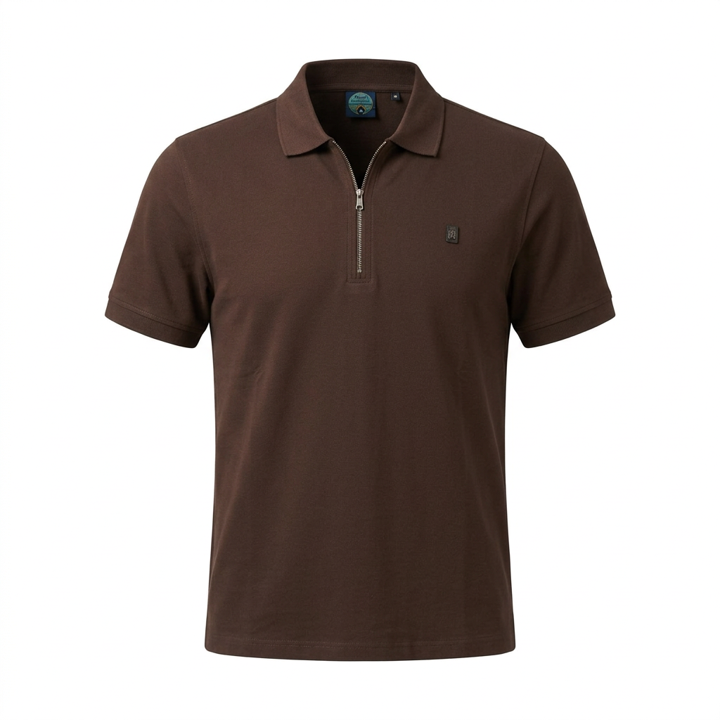Brown zip-neck polo catalog preview