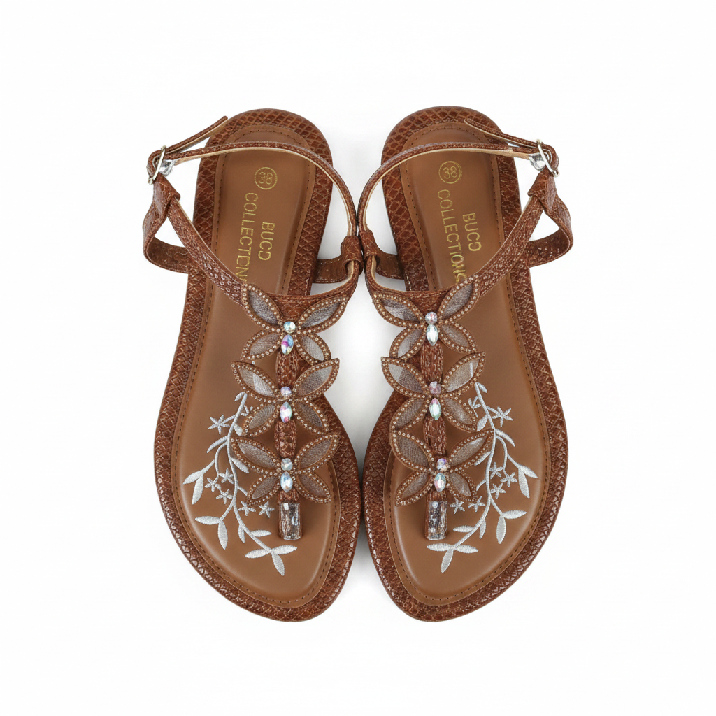 Buco Collections Floral Crystal Flat Sandals – Tan Brown