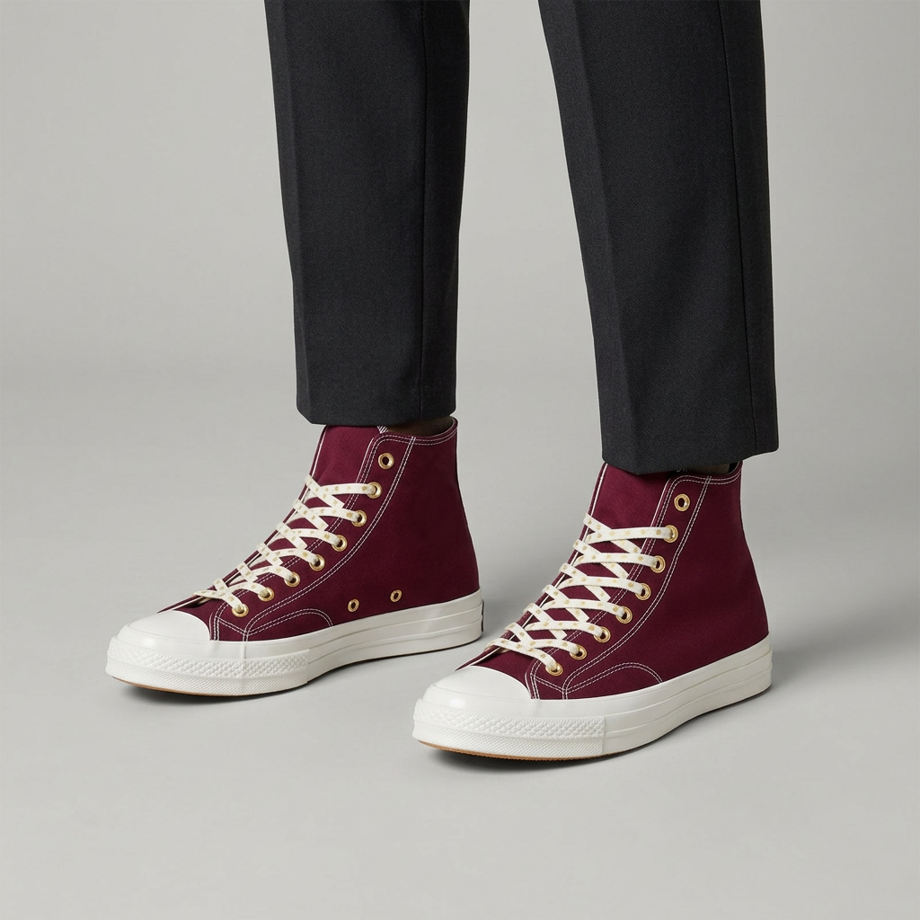 Burgundy high-top sneaker model preview