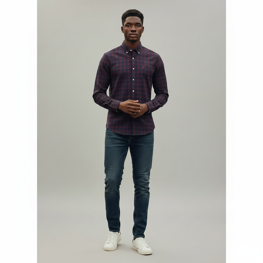 Burgundy Navy Plaid Slim Fit Shirt
