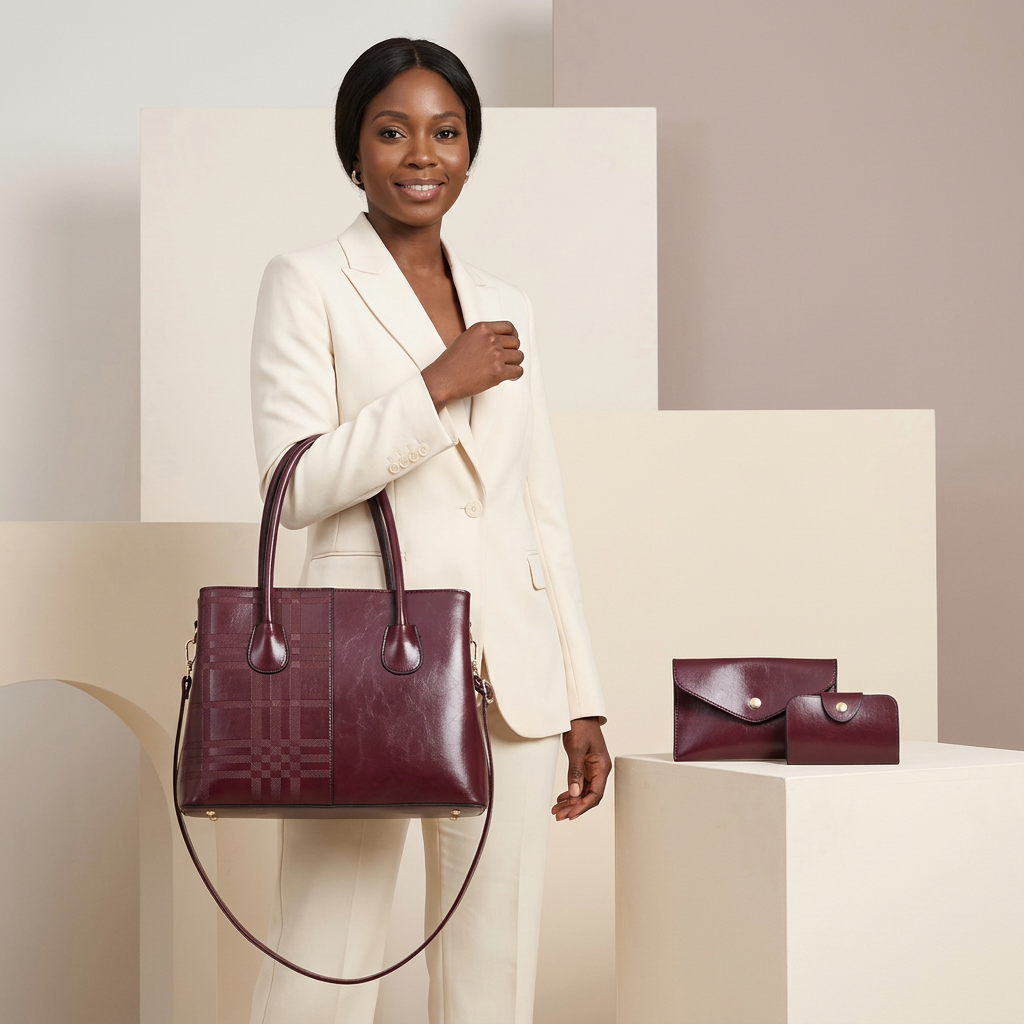Burgundy three-piece tote model preview