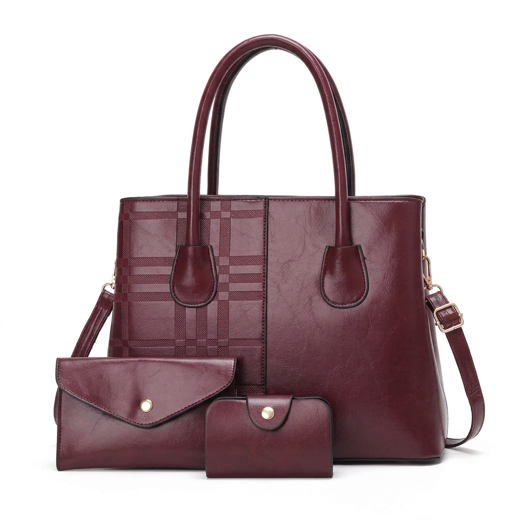 Burgundy three-piece tote studio preview
