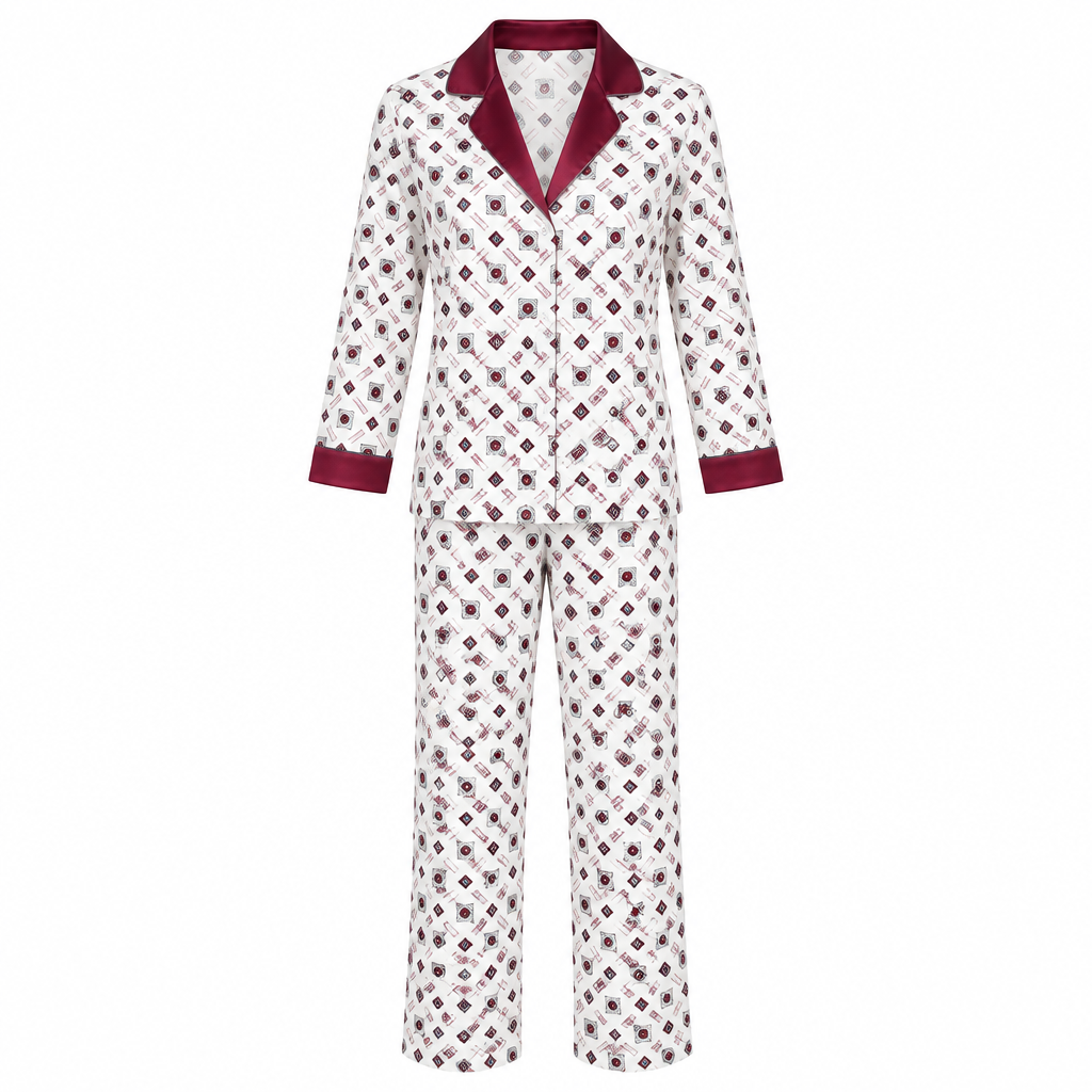 Burgundy Trim Pyjama Set – Long Sleeve Ghost Mannequin
