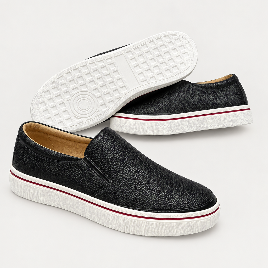 Catalog shot of black leather slip-on platform sneakers, unbranded