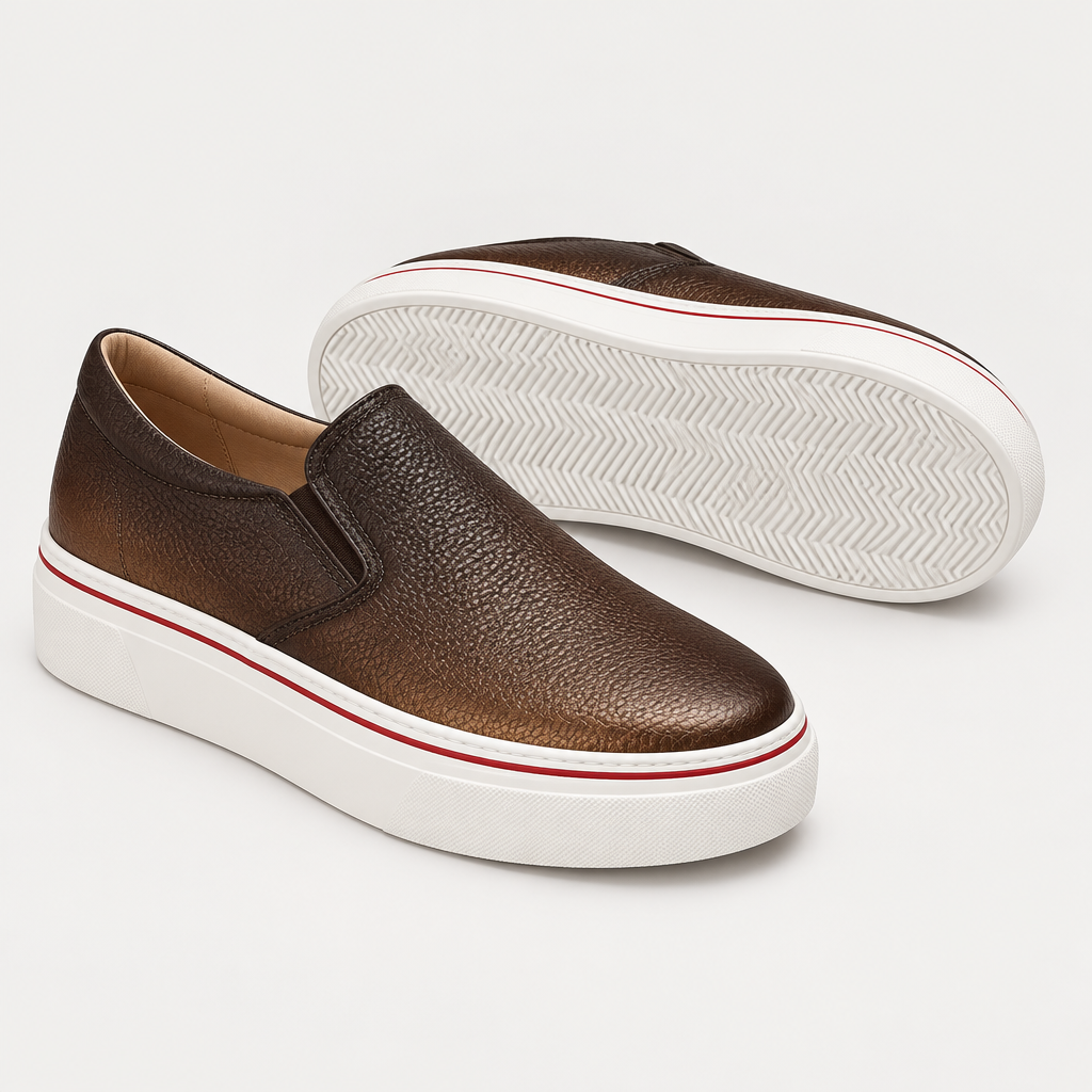 Catalog shot of brown ombre leather platform sneakers, unbranded