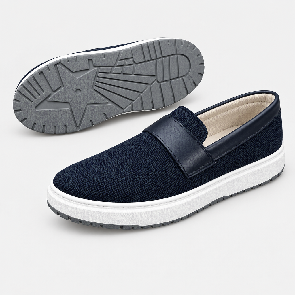 Catalog shot of navy knit loafer sneakers
