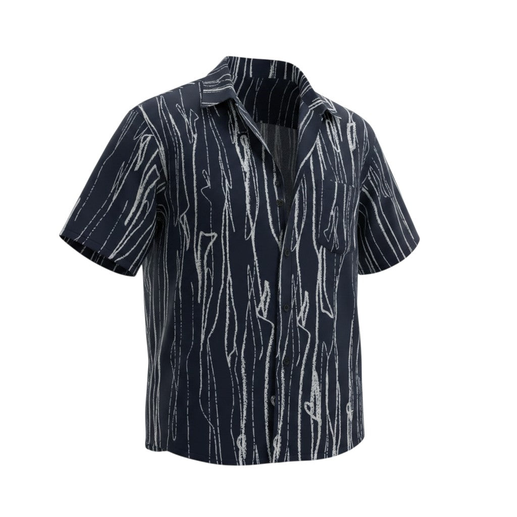 Navy All-Over White Abstract Brushstroke Scribble Print Short-Sleeve Button-Down Shirt