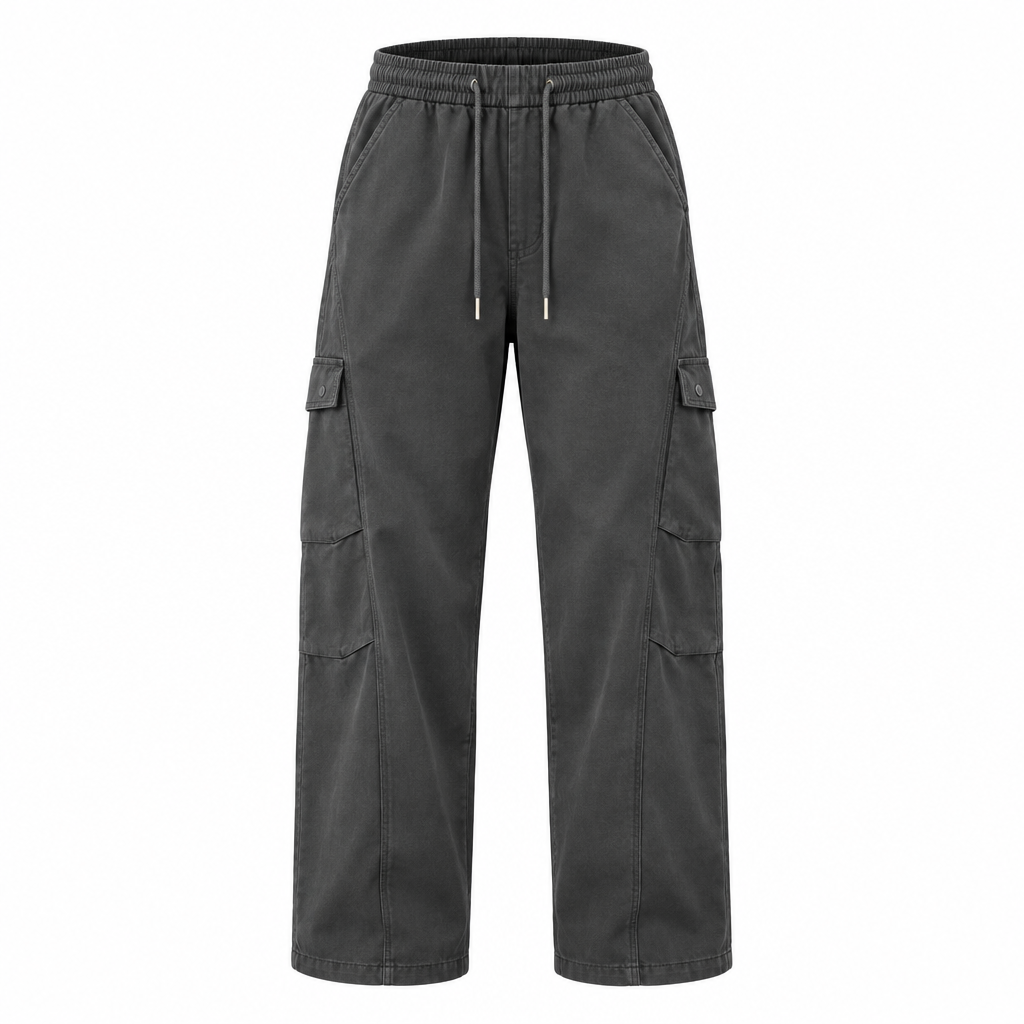 Charcoal cargo trousers ghost mannequin preview