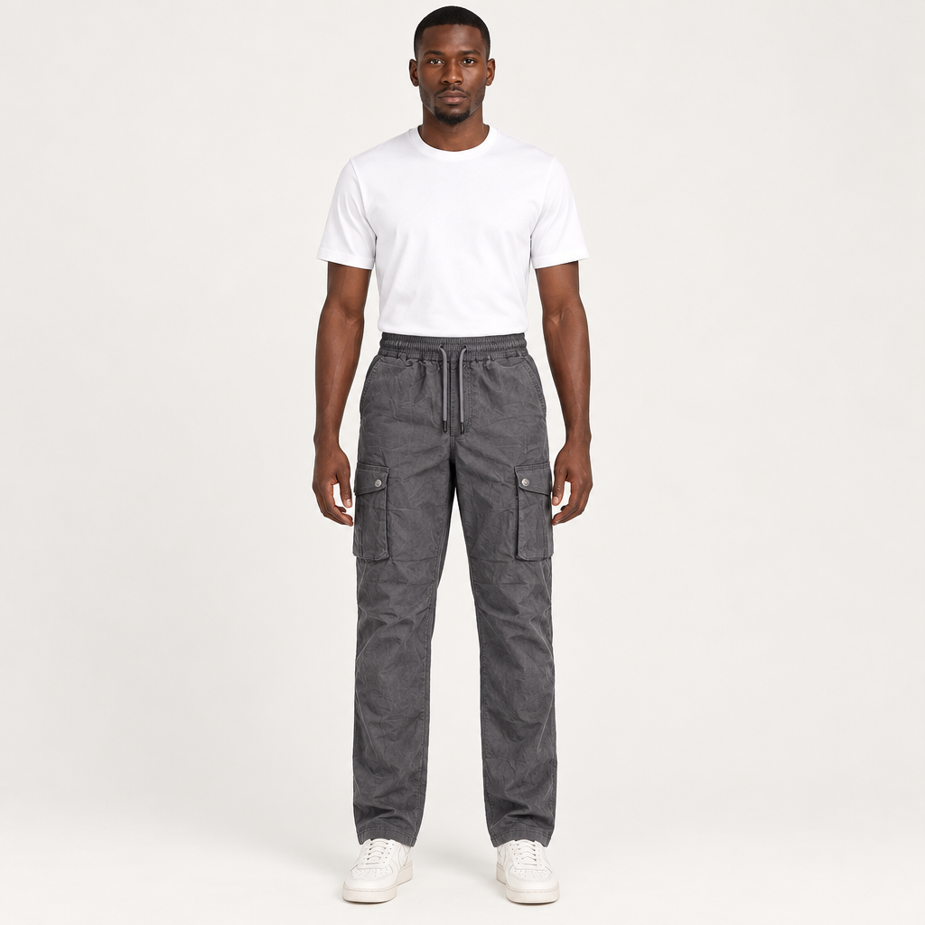 Charcoal drawstring cargo trousers model preview
