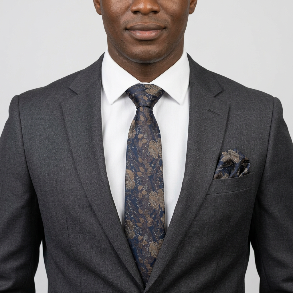 Close model shot of navy and gold floral tie