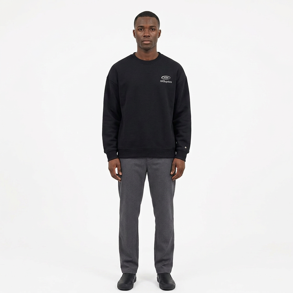 Corrected black crew-neck sweatshirt model