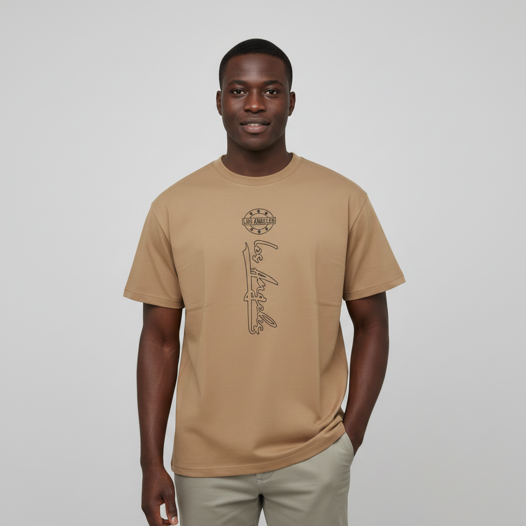 Corrected model shot of the tan graphic tee