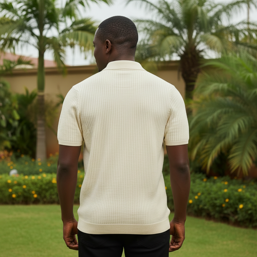 Cream Ribbed Knit Polo - Back View