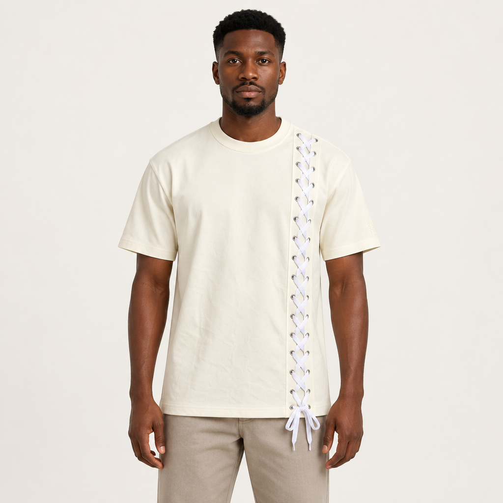 Cream vertical lace-up T-shirt adult model preview