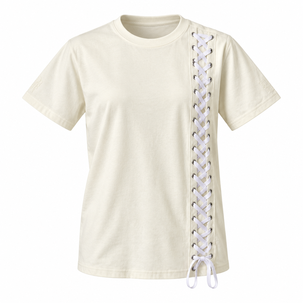 Cream vertical lace-up T-shirt ghost mannequin preview