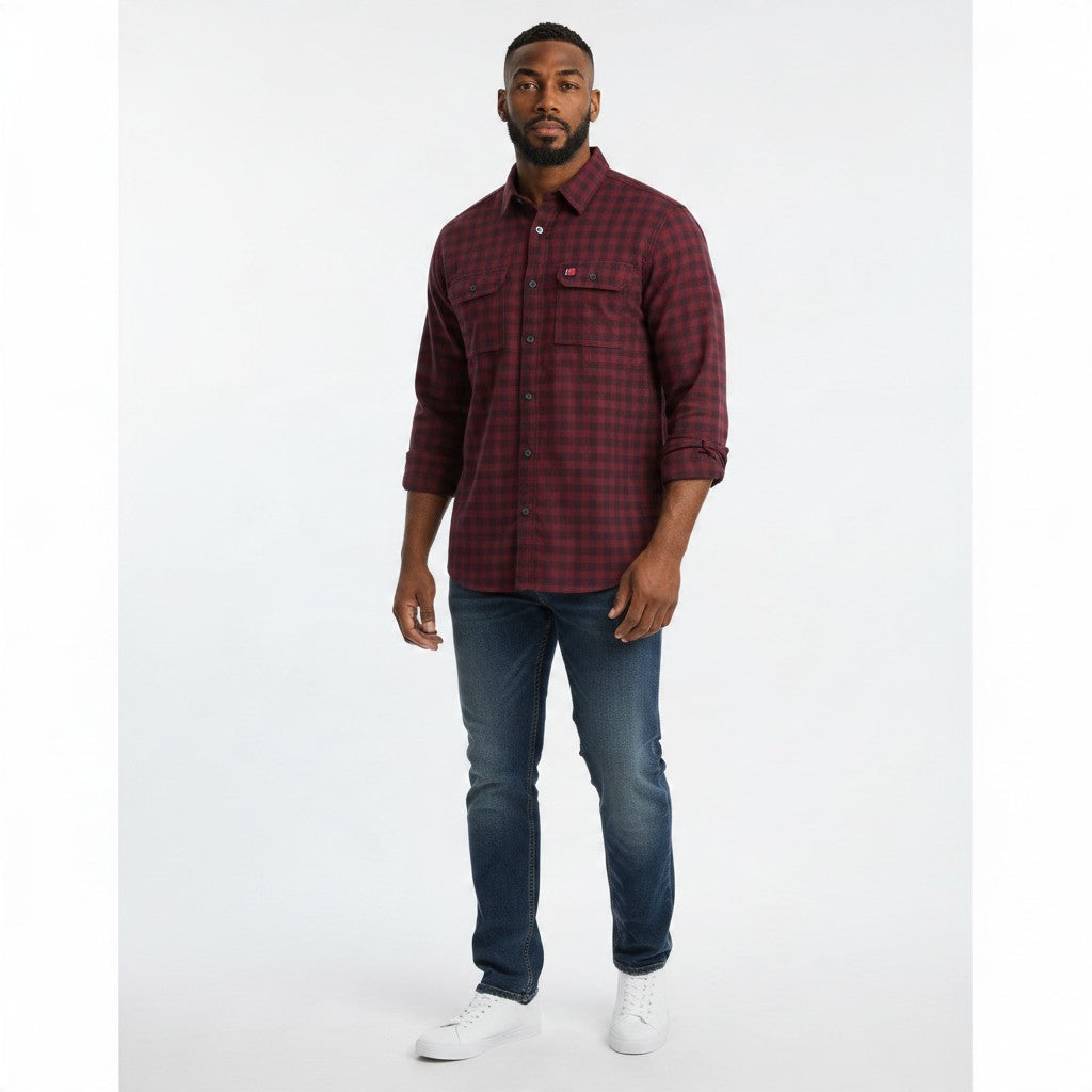 Burgundy Check Long-Sleeve Shirt with Twin Pockets