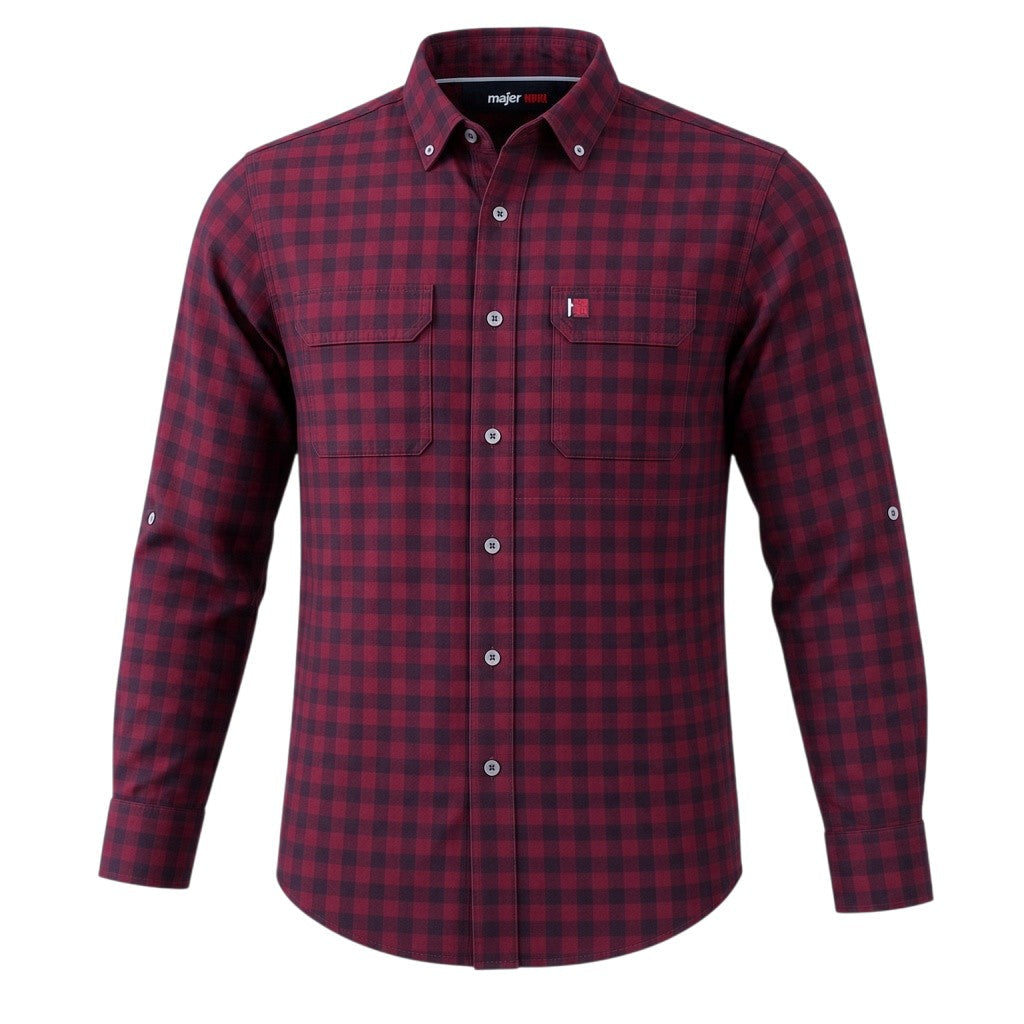 Burgundy Check Long-Sleeve Shirt with Twin Pockets