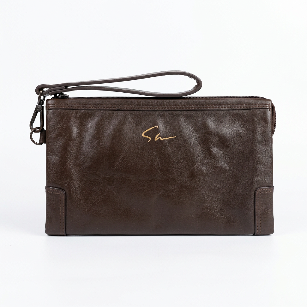 Dark brown corner-detail wristlet front preview