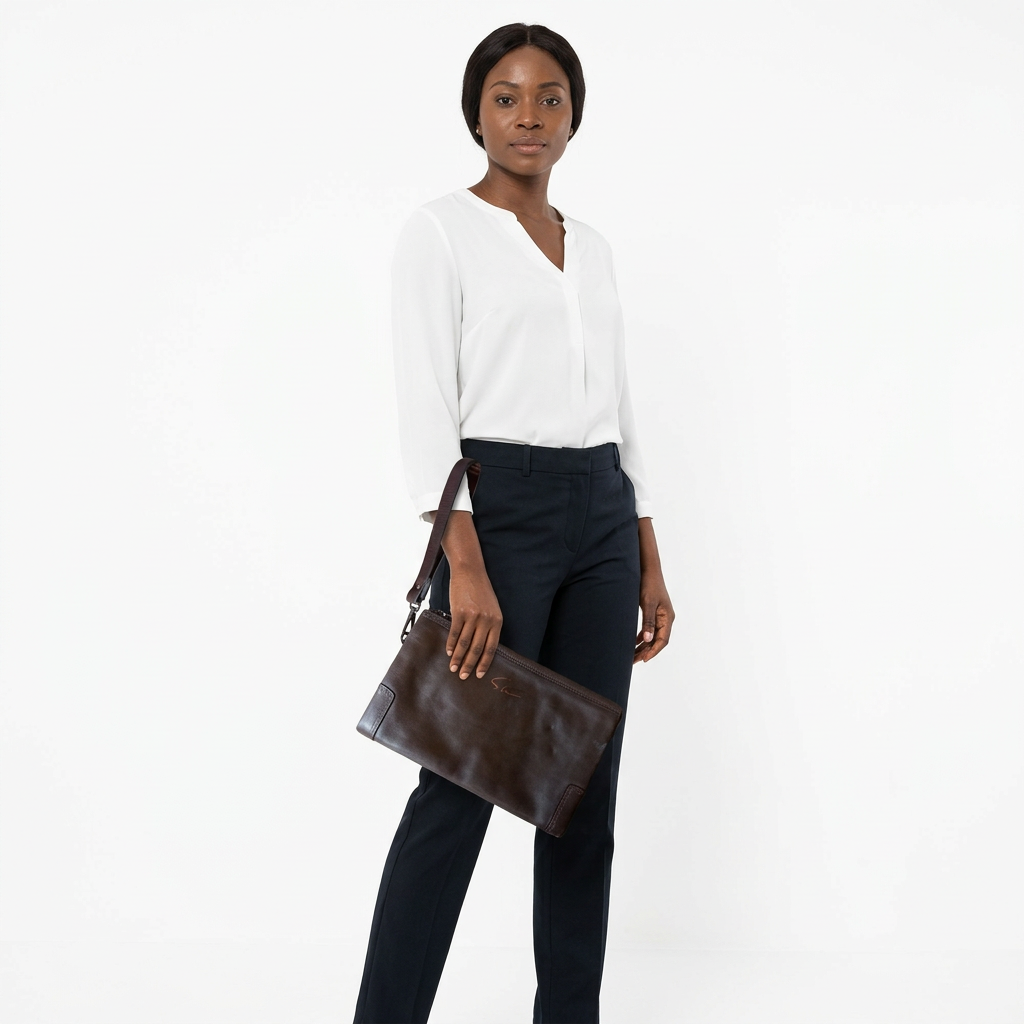 Dark brown corner-detail wristlet model preview