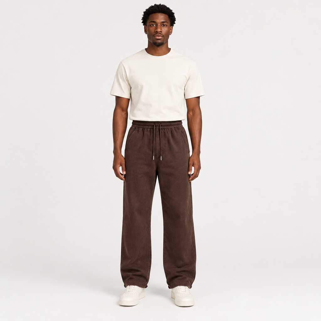 Dark brown drawstring trousers model preview