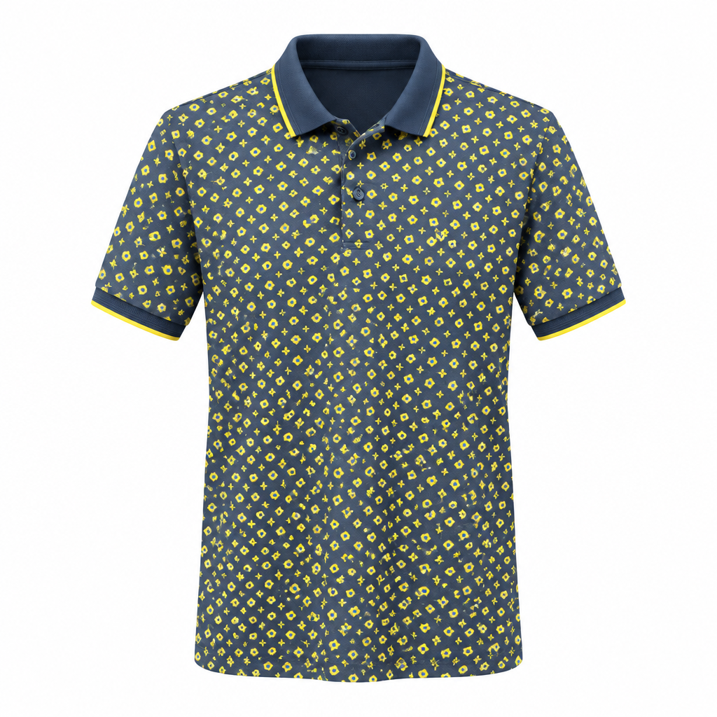 Dark geometric-print polo ghost mannequin preview