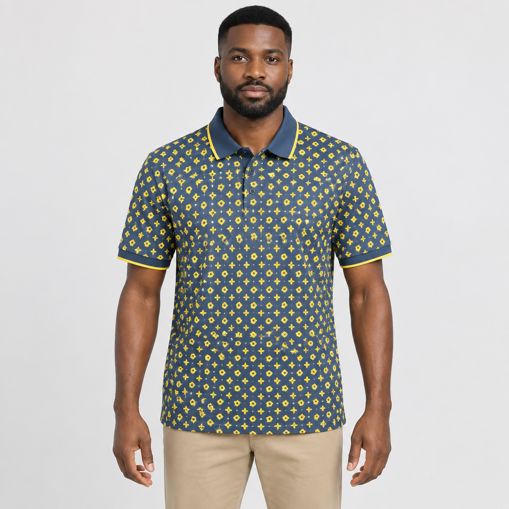 Dark geometric-print polo model preview