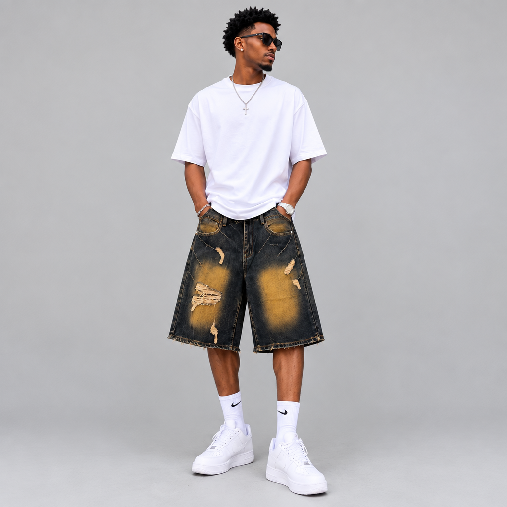 Dark Indigo Distressed Denim Shorts – Male Model Shot